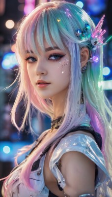 1girl,solo,long hair,breasts,looking at viewer,bangs,blue eyes,hair ornament,jewelry,medium breasts,blue hair,upper body,pink hair,multicolored hair,earrings,parted lips,choker,artist name,mole,blurry,from side,two-tone hair,lips,grey eyes,eyelashes,mole under eye,gradient hair,makeup,depth of field,blurry background,facial mark,piercing,ear piercing,eyeshadow,science fiction,realistic,nose,mascara,cyberpunk,sidelocks,teeth,necklace,armor,looking to the side,watermark,gem,portrait,armlet,bokeh