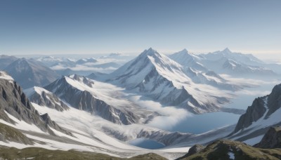 outdoors,sky,day,cloud,blue sky,no humans,nature,scenery,snow,mountain,landscape,mountainous horizon,lake,fog,tree,winter