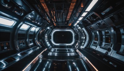 dutch angle,no humans,window,building,scenery,science fiction,city,cityscape,spacecraft,city lights,lights,cockpit,indoors,robot,machinery,realistic,cable,space,machine