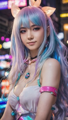 1girl,solo,long hair,breasts,looking at viewer,smile,bangs,blue eyes,animal ears,cleavage,bare shoulders,jewelry,medium breasts,closed mouth,underwear,blue hair,upper body,purple hair,multicolored hair,hairband,earrings,choker,necklace,bra,mole,blurry,two-tone hair,lips,blurry background,fake animal ears,armlet,mole on breast,realistic,nose,cat ears,depth of field