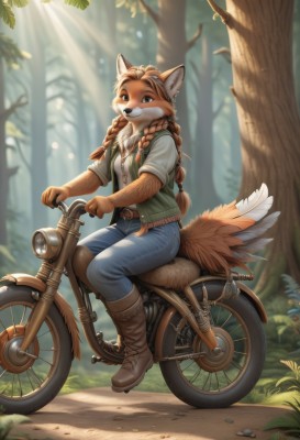 1girl,solo,long hair,breasts,looking at viewer,smile,brown hair,shirt,animal ears,brown eyes,jewelry,sitting,closed mouth,tail,full body,white shirt,braid,short sleeves,small breasts,boots,outdoors,open clothes,day,belt,pants,artist name,signature,necklace,blurry,vest,twin braids,tree,fox ears,blurry background,fox tail,watermark,brown footwear,happy,sunlight,knee boots,grass,feathers,denim,fox girl,ground vehicle,nature,motor vehicle,furry,forest,freckles,jeans,light rays,furry female,blue pants,road,riding,body fur,leather,green vest,motorcycle,animal nose,open vest,snout,brown fur,log,orange fur,leather boots,blue eyes,jacket,animal ear fluff,buttons,depth of field,thick eyebrows,plant,hair over shoulder,cross-laced footwear,zipper,brown belt,bush,blue vest,sunbeam,dappled sunlight,brown vest