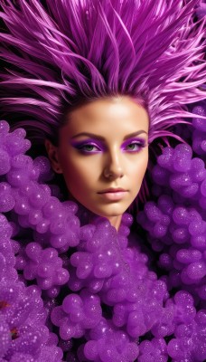 1girl,solo,looking at viewer,jewelry,closed mouth,green eyes,pink hair,purple hair,flower,earrings,lips,eyelashes,makeup,lipstick,spiked hair,portrait,eyeshadow,nose,purple flower,eyeliner,big hair,purple theme,mascara,long hair,artist name,floating hair,watermark,web address,bubble,purple background,realistic,pink theme