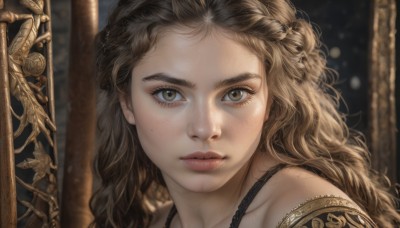 1girl,solo,long hair,looking at viewer,brown hair,bare shoulders,brown eyes,closed mouth,collarbone,braid,blurry,lips,eyelashes,tattoo,makeup,blurry background,wavy hair,portrait,close-up,freckles,curly hair,realistic,nose