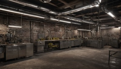 indoors,no humans,table,bottle,box,scenery,realistic,shelf,ceiling,ceiling light,crate,lamp,cabinet