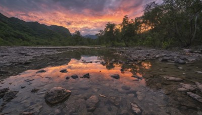 outdoors,sky,cloud,water,tree,no humans,cloudy sky,grass,nature,scenery,forest,reflection,sunset,rock,mountain,road,river,evening,landscape,orange sky,stone,fire,mountainous horizon