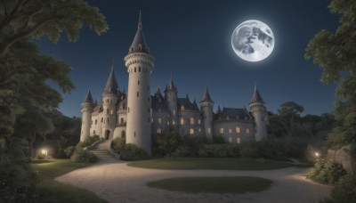 outdoors,sky,tree,no humans,night,moon,grass,building,star (sky),nature,night sky,scenery,full moon,forest,lantern,fantasy,road,bush,house,lamppost,castle,tower,path,statue,landscape