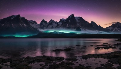 outdoors,sky,cloud,water,no humans,night,star (sky),night sky,scenery,starry sky,reflection,sunset,rock,mountain,horizon,landscape,mountainous horizon,lake,gradient sky,purple sky,fog