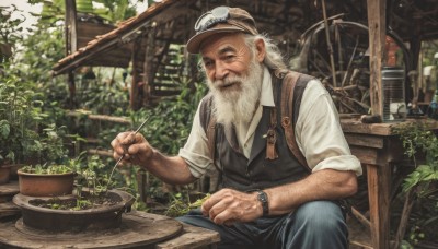 solo,shirt,1boy,hat,holding,sitting,closed mouth,closed eyes,white shirt,white hair,male focus,outdoors,day,collared shirt,pants,blurry,vest,blurry background,facial hair,chair,table,plant,beard,sleeves rolled up,watch,black vest,mature male,mustache,brown headwear,wristwatch,potted plant,manly,old,old man,arm hair,wooden table,wooden chair,looking at viewer,smile,cup,dress shirt,depth of field,black pants,denim,goggles,jeans,realistic,smoking pipe