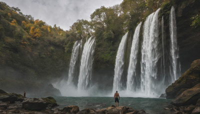 solo, 1boy, standing, outdoors, sky, cloud, water, tree, nature, scenery, forest, rock, waterfall, cliff