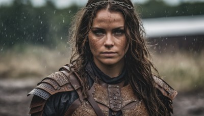 1girl,solo,long hair,looking at viewer,blue eyes,brown hair,upper body,outdoors,armor,blurry,lips,wet,blurry background,shoulder armor,portrait,freckles,rain,pauldrons,breastplate,realistic,wet hair,dirty,chainmail,black hair,parted lips,depth of field