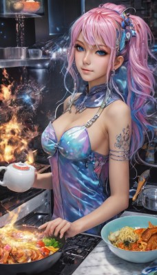 1girl,solo,long hair,breasts,looking at viewer,smile,bangs,blue eyes,large breasts,hair ornament,dress,holding,cleavage,bare shoulders,jewelry,medium breasts,closed mouth,upper body,ponytail,pink hair,multicolored hair,hairband,earrings,food,sleeveless,indoors,cup,lips,fingernails,eyelashes,tattoo,detached collar,sleeveless dress,blue dress,fire,high ponytail,knife,steam,armlet,plate,fish,bowl,mug,pink lips,spoon,cooking,kitchen,frying pan,shrimp,stove,tempura,cutting board,watermark,realistic