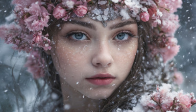 1girl, solo, looking at viewer, blue eyes, brown hair, closed mouth, flower, lips, eyelashes, cherry blossoms, portrait, snow, close-up, snowing, realistic, nose