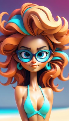 1girl,solo,long hair,breasts,looking at viewer,blush,smile,blue eyes,brown hair,cleavage,bare shoulders,jewelry,blue hair,collarbone,swimsuit,upper body,bikini,multicolored hair,earrings,small breasts,outdoors,glasses,day,shiny,artist name,dark skin,orange hair,blurry,two-tone hair,dark-skinned female,lips,eyelashes,makeup,blurry background,beach,sunglasses,lipstick,tan,blue bikini,curly hair,hoop earrings,biting,big hair,lip biting,medium breasts,closed mouth,sky,streaked hair,depth of field,colored skin,ocean,freckles,black-framed eyewear,round eyewear,tinted eyewear,blue-framed eyewear,aqua bikini,orange skin