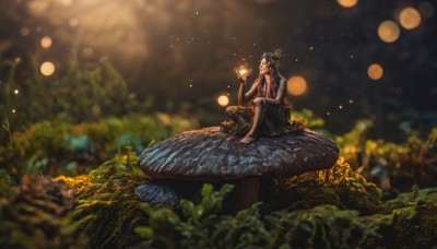 1girl,solo,long hair,breasts,black hair,hair ornament,dress,bare shoulders,jewelry,sitting,closed mouth,outdoors,barefoot,sleeveless,blurry,black dress,tree,sleeveless dress,depth of field,blurry background,glowing,looking away,grass,plant,nature,scenery,light particles,forest,rock,fantasy,wide shot,bokeh,moss,fireflies,bug,butterfly