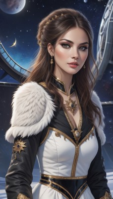 1girl,solo,long hair,breasts,looking at viewer,brown hair,long sleeves,dress,cleavage,brown eyes,jewelry,medium breasts,upper body,braid,earrings,parted lips,sky,necklace,hair bun,white dress,lips,fur trim,makeup,night,moon,star (sky),night sky,starry sky,gold trim,nose,space,planet,earth (planet),hair ornament,artist name,forehead,realistic