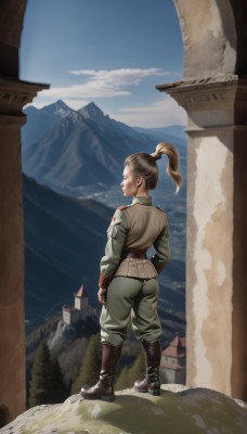 1girl,solo,long hair,brown hair,gloves,standing,jacket,ponytail,ass,boots,outdoors,sky,day,belt,pants,cloud,fingerless gloves,from behind,uniform,blue sky,military,military uniform,mountain,castle,green pants,realistic,soldier