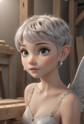 1girl,solo,breasts,looking at viewer,blush,smile,short hair,bangs,dress,cleavage,bare shoulders,jewelry,underwear,collarbone,upper body,white hair,earrings,small breasts,wings,artist name,indoors,blurry,lips,grey eyes,eyelashes,blurry background,feathered wings,freckles,angel wings,nose,white wings,angel,medium breasts,green eyes,grey hair,parted lips,bra,white bra,red lips,very short hair