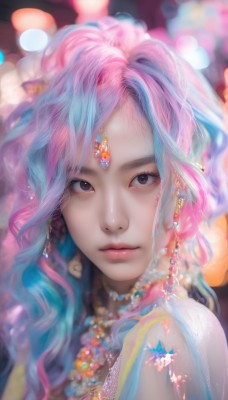 1girl,solo,long hair,looking at viewer,bangs,brown eyes,jewelry,closed mouth,blue hair,upper body,pink hair,multicolored hair,earrings,artist name,necklace,blurry,black eyes,two-tone hair,lips,eyelashes,makeup,depth of field,blurry background,watermark,wavy hair,gem,portrait,beads,realistic,nose,bokeh,flower,streaked hair,forehead jewel,head chain