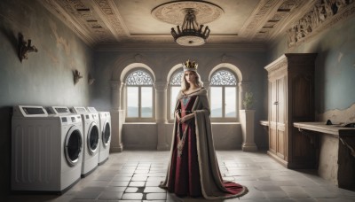 1girl,solo,long hair,blonde hair,brown hair,long sleeves,dress,jewelry,closed mouth,standing,full body,day,indoors,wide sleeves,necklace,cape,window,sunlight,own hands together,crown,plant,scenery,cloak,robe,tiles,tile floor,wide shot,statue,ceiling