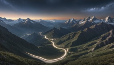 outdoors,sky,cloud,no humans,night,star (sky),nature,night sky,scenery,starry sky,mountain,landscape,mountainous horizon,cliff,cloudy sky,forest,sunset,fantasy,dragon