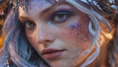 1girl,solo,long hair,looking at viewer,hair ornament,white hair,grey hair,parted lips,artist name,blurry,lips,grey eyes,eyelashes,makeup,depth of field,blurry background,watermark,gem,portrait,close-up,freckles,crystal,realistic,nose,blue eyes,blue hair