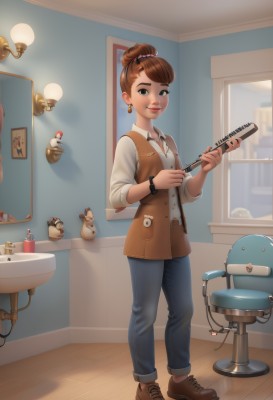 1girl,solo,looking at viewer,smile,short hair,blue eyes,brown hair,shirt,hair ornament,holding,brown eyes,jewelry,standing,full body,white shirt,ponytail,earrings,boots,shoes,collared shirt,belt,pants,indoors,hair bun,vest,bracelet,lips,window,makeup,buttons,swept bangs,bird,chair,brown footwear,single hair bun,denim,robot,lipstick,instrument,sleeves rolled up,watch,jeans,wooden floor,mirror,music,blue pants,wristwatch,stool,playing instrument,holding instrument,brown vest,comb,bangs,long sleeves,hairclip,nail polish,black eyes,watermark,thick eyebrows,bottle,sneakers,web address,freckles,nose,clock,red lips,lamp,sleeves pushed up