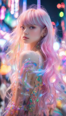 1girl,solo,long hair,looking at viewer,bangs,bare shoulders,brown eyes,jewelry,upper body,pink hair,earrings,parted lips,looking back,blurry,lips,see-through,depth of field,blurry background,wavy hair,piercing,realistic,closed mouth,nude,multicolored hair,artist name,blunt bangs,necklace,from side,looking to the side,gradient hair,makeup,watermark,ear piercing,nose,bokeh,colorful,cyberpunk,neon lights