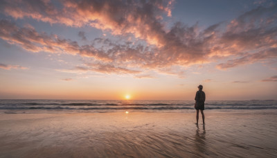 1girl, solo, short hair, standing, outdoors, sky, cloud, water, from behind, dutch angle, ocean, beach, cloudy sky, scenery, sunset, sun, horizon