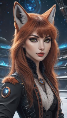 1girl,solo,long hair,breasts,looking at viewer,bangs,brown hair,animal ears,brown eyes,jewelry,jacket,yellow eyes,upper body,parted lips,necklace,orange hair,lips,black jacket,fur trim,fox ears,makeup,lipstick,brooch,gem,pendant,freckles,red lips,space,planet,artist name,eyelashes,fox girl,realistic,nose