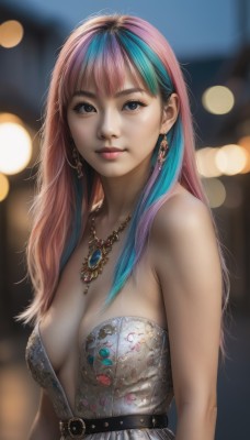 1girl,solo,long hair,breasts,looking at viewer,smile,bangs,blue eyes,dress,cleavage,bare shoulders,jewelry,medium breasts,closed mouth,blue hair,upper body,pink hair,multicolored hair,earrings,belt,necklace,blurry,two-tone hair,lips,streaked hair,eyelashes,strapless,makeup,depth of field,blurry background,gem,strapless dress,buckle,pendant,realistic,nose,bokeh,white dress,aqua hair