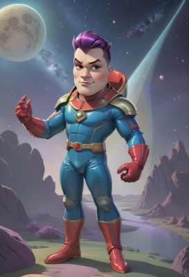 solo,looking at viewer,smile,short hair,blue eyes,gloves,1boy,standing,full body,purple hair,male focus,boots,outdoors,sky,belt,artist name,armor,lips,bodysuit,muscular,night,moon,shoulder armor,gauntlets,red footwear,star (sky),night sky,skin tight,full moon,red gloves,starry sky,pauldrons,skull,space,very short hair,shoulder pads,planet,superhero,blue bodysuit,lip biting,cape,scar,rock,mountain,realistic