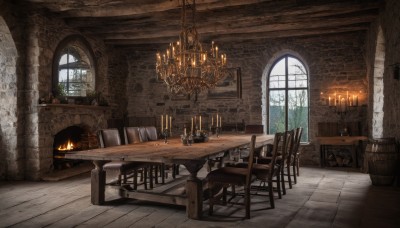 day,indoors,tree,cup,book,no humans,window,chair,table,sunlight,fire,plant,scenery,wooden floor,stairs,candle,brick wall,barrel,candlestand,rug,chandelier,wooden table,fireplace,wooden chair,bottle,fantasy,door,bucket,treasure chest,wood