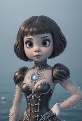 1girl,solo,breasts,looking at viewer,short hair,bangs,blue eyes,brown hair,black hair,dress,cleavage,jewelry,upper body,small breasts,parted lips,artist name,blunt bangs,water,armor,blurry,black dress,lips,see-through,hand on hip,makeup,blurry background,bob cut,lipstick,shoulder armor,gem,pauldrons,wide-eyed,red lips,mascara,eyelashes,lace,freckles