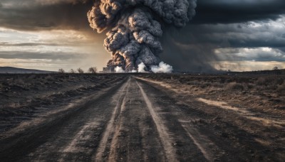 outdoors,sky,day,cloud,tree,no humans,sunlight,cloudy sky,scenery,mountain,road,field,landscape,solo,realistic