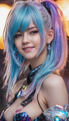 1girl,solo,long hair,breasts,looking at viewer,smile,bangs,cleavage,bare shoulders,twintails,jewelry,medium breasts,blue hair,upper body,ponytail,multicolored hair,earrings,parted lips,teeth,grin,blurry,black eyes,two-tone hair,lips,grey eyes,eyelashes,makeup,blurry background,realistic,nose,blue eyes,necklace,bra,gem,science fiction,android