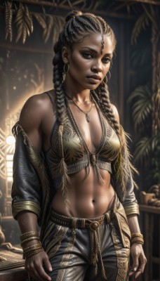 1girl,solo,long hair,breasts,looking at viewer,black hair,navel,cleavage,bare shoulders,brown eyes,jewelry,medium breasts,standing,braid,multicolored hair,cowboy shot,earrings,parted lips,detached sleeves,midriff,belt,pants,dark skin,necklace,stomach,blurry,black eyes,twin braids,bracelet,two-tone hair,dark-skinned female,lips,fingernails,makeup,blurry background,piercing,abs,ring,plant,breasts apart,forehead,eyeshadow,toned,hoop earrings,realistic,nose,arms at sides,fringe trim,hair pulled back,dreadlocks,multiple braids,gold bikini,collarbone,jacket,artist name,indoors,off shoulder,black jacket,crop top,watermark,facial mark,web address,buckle,jeans,patreon username,belt buckle,forehead mark,linea alba