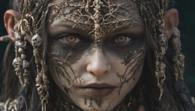 1girl,solo,long hair,looking at viewer,smile,brown hair,black hair,hair ornament,brown eyes,jewelry,closed mouth,braid,earrings,blurry,lips,depth of field,blurry background,portrait,close-up,realistic,yellow eyes,pointy ears,eyelashes,chain,piercing,freckles,skull,stitches,gold,cracked skin