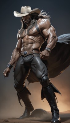 solo,long hair,looking at viewer,1boy,hat,navel,nipples,standing,full body,male focus,thighs,boots,belt,pants,dark skin,cape,muscular,facial hair,thick thighs,black pants,abs,dark-skinned male,pectorals,muscular male,bara,beard,large pectorals,veins,topless male,mature male,tight,manly,leather,biceps,cowboy hat,thick arms,leather belt,jewelry,grey hair,teeth,stomach,bracelet,piercing,watch,harness,navel hair,chest harness,cowboy western,leather boots,leather pants