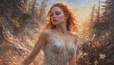 1girl,solo,long hair,breasts,blue eyes,dress,cleavage,bare shoulders,medium breasts,collarbone,upper body,flower,red hair,small breasts,outdoors,parted lips,day,orange hair,tree,lips,looking to the side,leaf,wavy hair,looking away,nature,forest,freckles,curly hair,realistic,nose,fantasy,open mouth,green eyes,sky,teeth,plant,wind