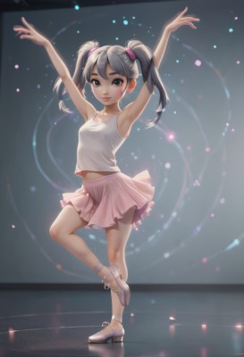 1girl,solo,long hair,breasts,looking at viewer,smile,skirt,shirt,black hair,navel,twintails,jewelry,standing,collarbone,full body,white shirt,grey hair,earrings,small breasts,socks,midriff,armpits,black eyes,arms up,grey eyes,facial mark,leg up,standing on one leg,tank top,aged down,child,pink skirt,female child,dancing,ballerina,ballet slippers,ballet,tutu,pleated skirt,miniskirt,lips,watermark,white footwear,outstretched arms