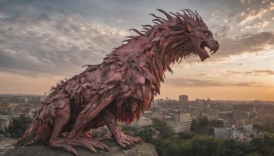 solo,open mouth,tail,yellow eyes,outdoors,sky,teeth,cloud,no humans,cloudy sky,sharp teeth,building,scenery,claws,monster,city,cityscape,giant,dinosaur,kaijuu,from side,tree,sunset