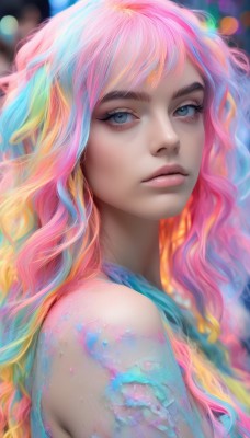 1girl,solo,long hair,looking at viewer,blue eyes,blonde hair,bare shoulders,blue hair,upper body,pink hair,multicolored hair,parted lips,teeth,artist name,blurry,from side,lips,eyelashes,makeup,blurry background,watermark,wavy hair,portrait,web address,eyeshadow,freckles,pink lips,realistic,nose,colorful,rainbow hair,bangs,closed mouth,orange hair,gradient hair,depth of field,bokeh