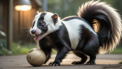 HQ,solo,looking at viewer,open mouth,blue eyes,full body,outdoors,teeth,day,tongue,artist name,signature,tongue out,blurry,no humans,depth of field,blurry background,animal,fangs,cat,claws,ball,dog,realistic,animal focus,whiskers,standing,tail,dated,pokemon (creature),baseball