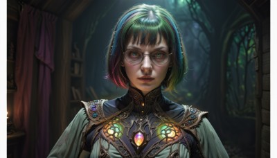 1girl,solo,looking at viewer,short hair,bangs,blue eyes,dress,jewelry,closed mouth,green eyes,upper body,multicolored hair,hairband,green hair,glasses,indoors,blurry,two-tone hair,lips,window,makeup,depth of field,blurry background,gem,realistic,nose,round eyewear,red lips,candle,stained glass,black hair,red hair,portrait,veil