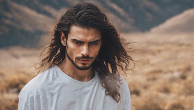 solo,long hair,brown hair,shirt,black hair,1boy,brown eyes,closed mouth,white shirt,upper body,male focus,outdoors,sky,cloud,blurry,blurry background,facial hair,beard,realistic,mustache,dirty,lips