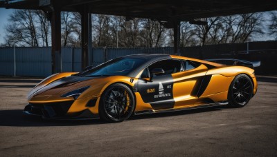 outdoors,tree,no humans,shadow,ground vehicle,scenery,motor vehicle,car,road,vehicle focus,bare tree,wheel,sports car,solo,sky,from side,night,realistic,fence