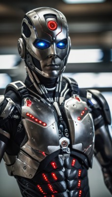 solo,looking at viewer,blue eyes,1boy,upper body,male focus,armor,blurry,muscular,blurry background,glowing,abs,helmet,robot,glowing eyes,science fiction,realistic,android,cyborg,power armor,humanoid robot,lips,no humans,bodysuit,mecha