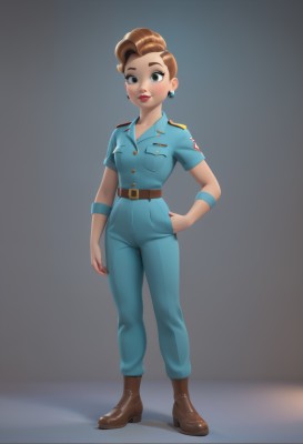 1girl,solo,breasts,looking at viewer,blush,short hair,blue eyes,simple background,brown hair,shirt,brown eyes,jewelry,standing,full body,short sleeves,earrings,boots,parted lips,belt,pants,grey background,mole,uniform,black eyes,dark-skinned female,lips,hand on hip,makeup,brown footwear,blue shirt,lipstick,wristband,pocket,belt buckle,blue pants,red lips,brown belt,breast pocket,smile,teeth,military,military uniform,hand in pocket,jumpsuit