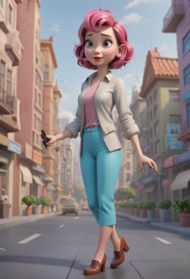 1girl,solo,breasts,looking at viewer,smile,short hair,shirt,long sleeves,holding,medium breasts,standing,jacket,full body,pink hair,small breasts,outdoors,parted lips,open clothes,sky,shoes,solo focus,day,pants,artist name,cloud,nail polish,blurry,high heels,open jacket,blue sky,lips,grey eyes,makeup,depth of field,blurry background,brown footwear,phone,white jacket,cellphone,plant,denim,lipstick,ground vehicle,building,motor vehicle,smartphone,walking,holding phone,pink shirt,jeans,city,grey jacket,blue pants,red lips,car,potted plant,road,street,pavement,sidewalk,jewelry,earrings,watermark,web address,town