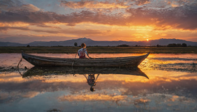 1girl, shirt, sitting, outdoors, sky, striped, cloud, water, cloudy sky, scenery, reflection, sunset, striped shirt, horizon, watercraft, broom riding, boat